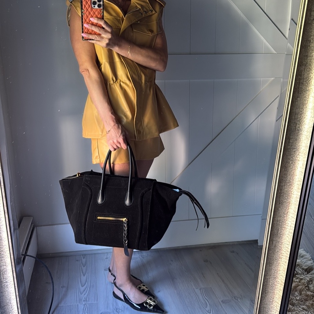 Black Suede Tote Bag with Braided Zip Pulls - Picture 4 of 5